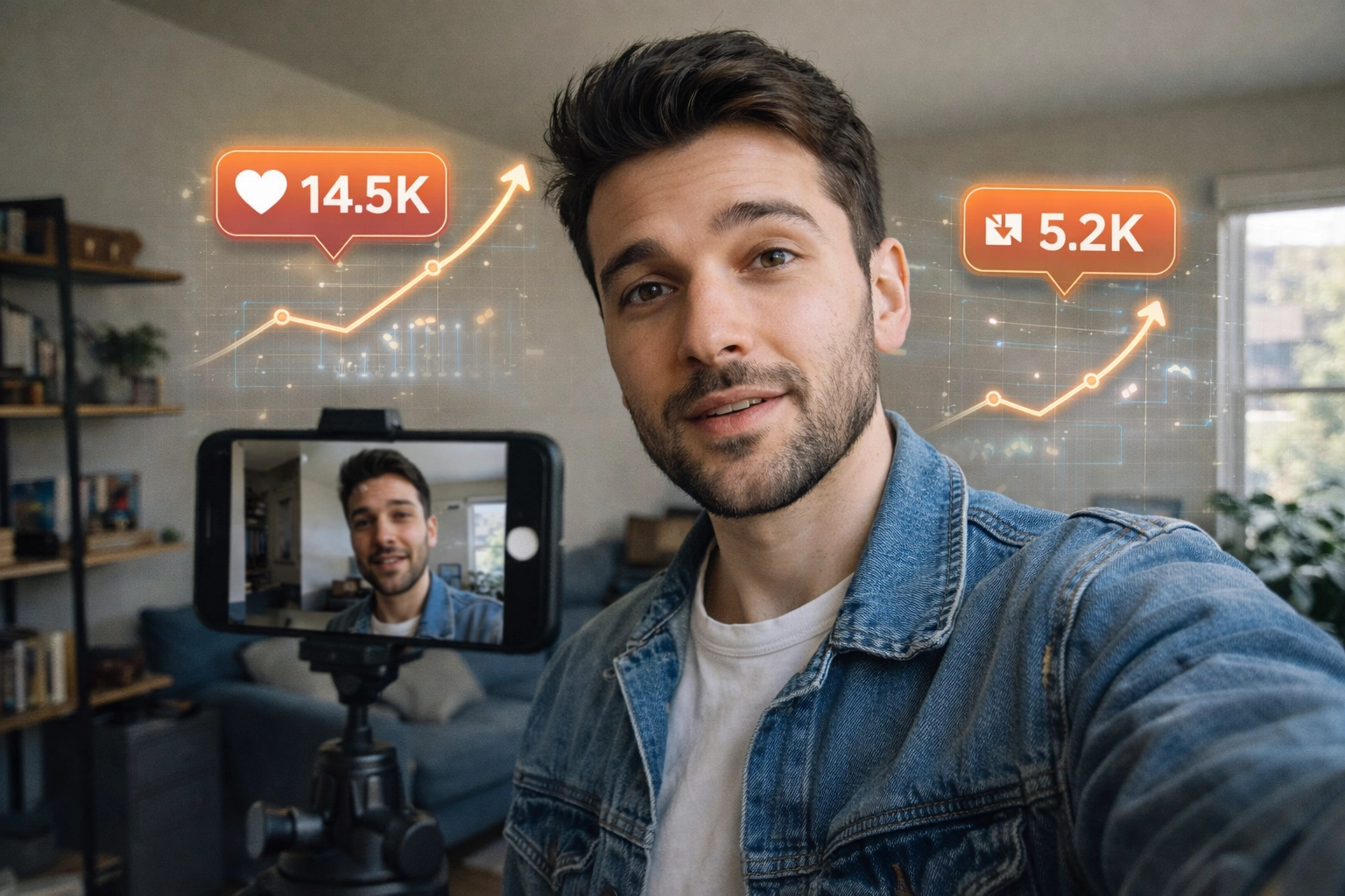 A male content creator recording a talking head video on a smartphone mounted on a tripod, with overlaid social media engagement graphics showing 14.5K likes and 5.2K shares on Instagram Reels