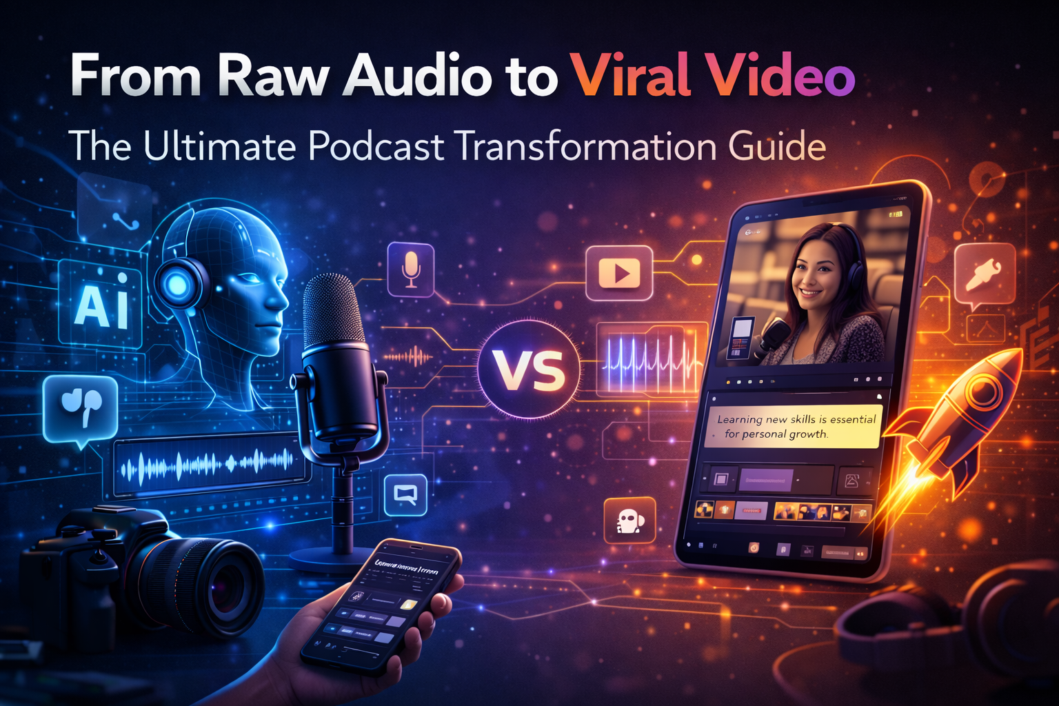 An infographic showing a podcast microphone workflow transitioning into various social media video formats like TikTok, Reels, and YouTube Shorts.