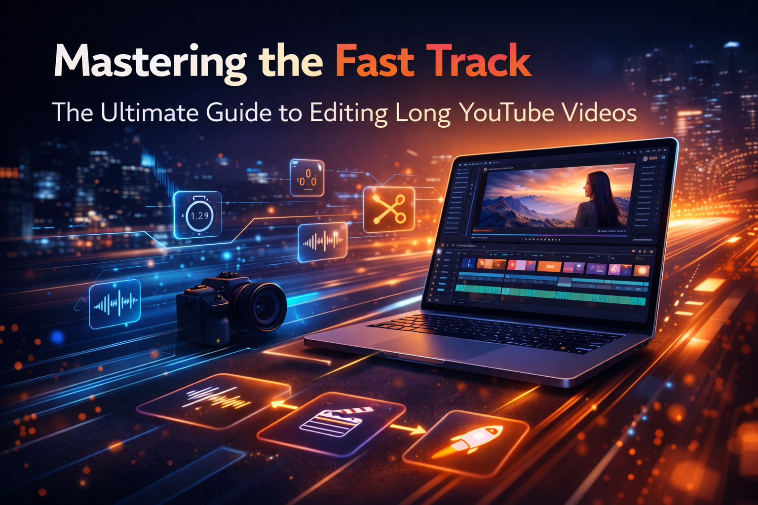A modern split-screen infographic comparing a cluttered, slow manual editing timeline versus a streamlined, AI-accelerated workflow showing a 50% time reduction.