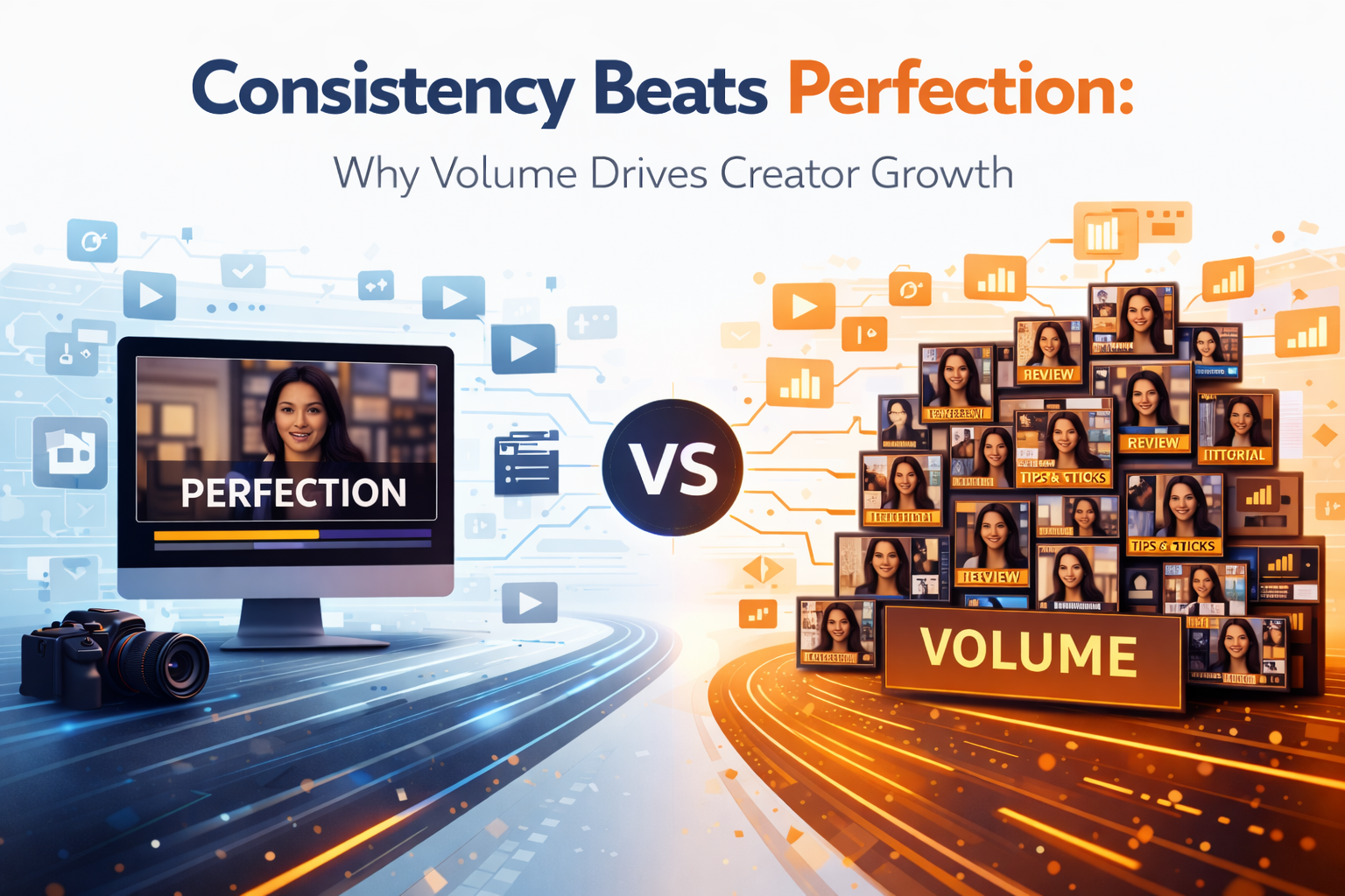 A comparison infographic showing 'The Perfection Trap' as a stalled loop vs 'The Consistency Loop' as a rising staircase of published videos.