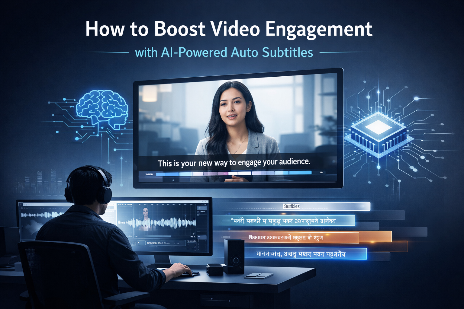 Infographic comparing a silent video with low engagement versus an AI-subtitled video with high retention stats and growth charts.