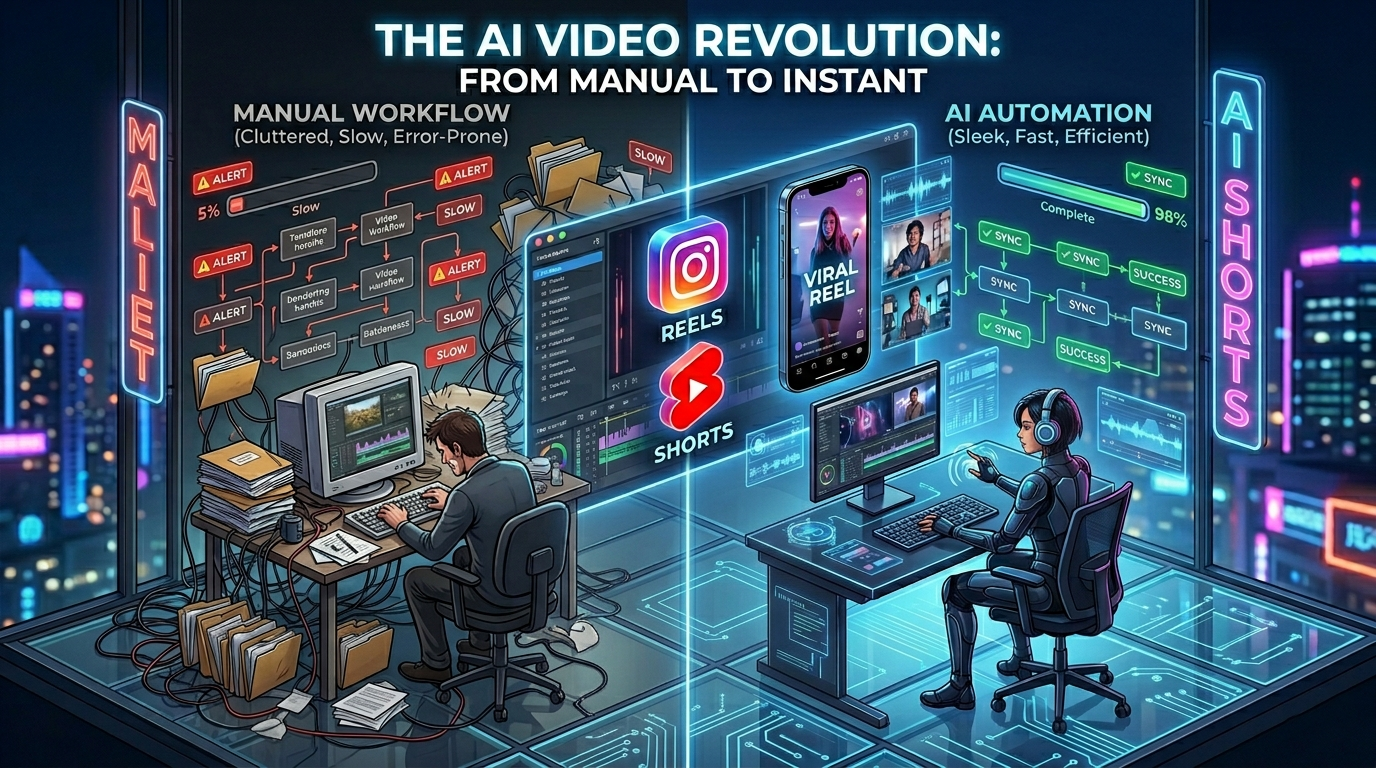 An infographic comparing a cluttered manual video editing timeline versus a streamlined AI-automated workflow showing rapid content delivery.