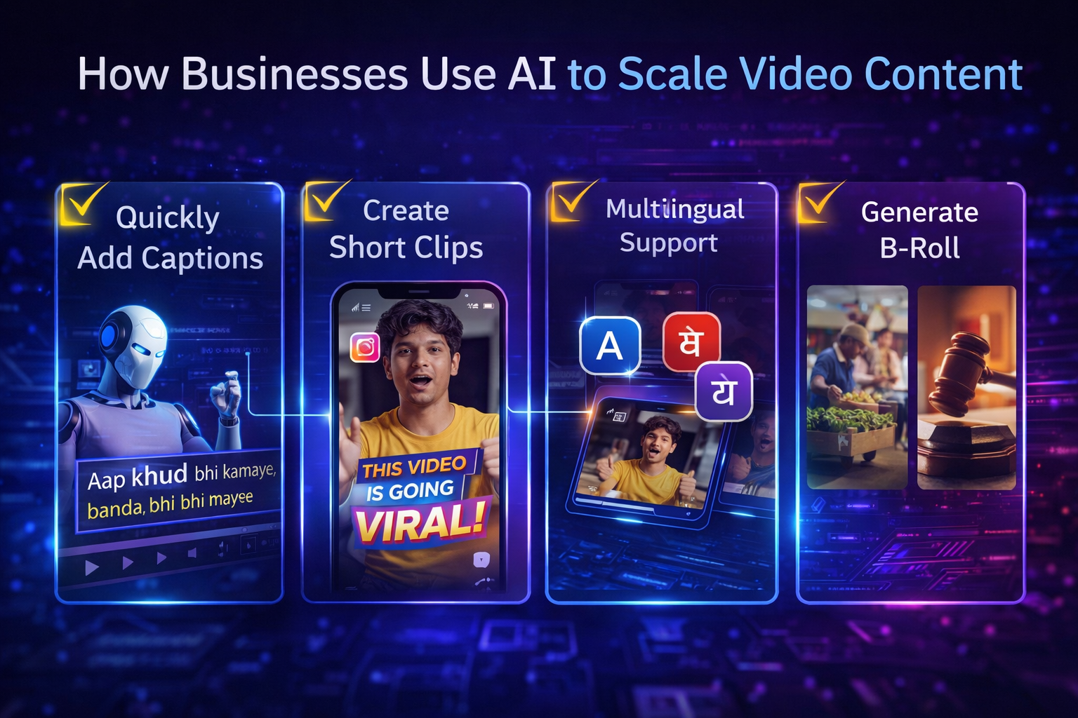 An infographic showing a single master video file branching out into multiple social media formats like Reels, Shorts, and LinkedIn posts via an AI engine.