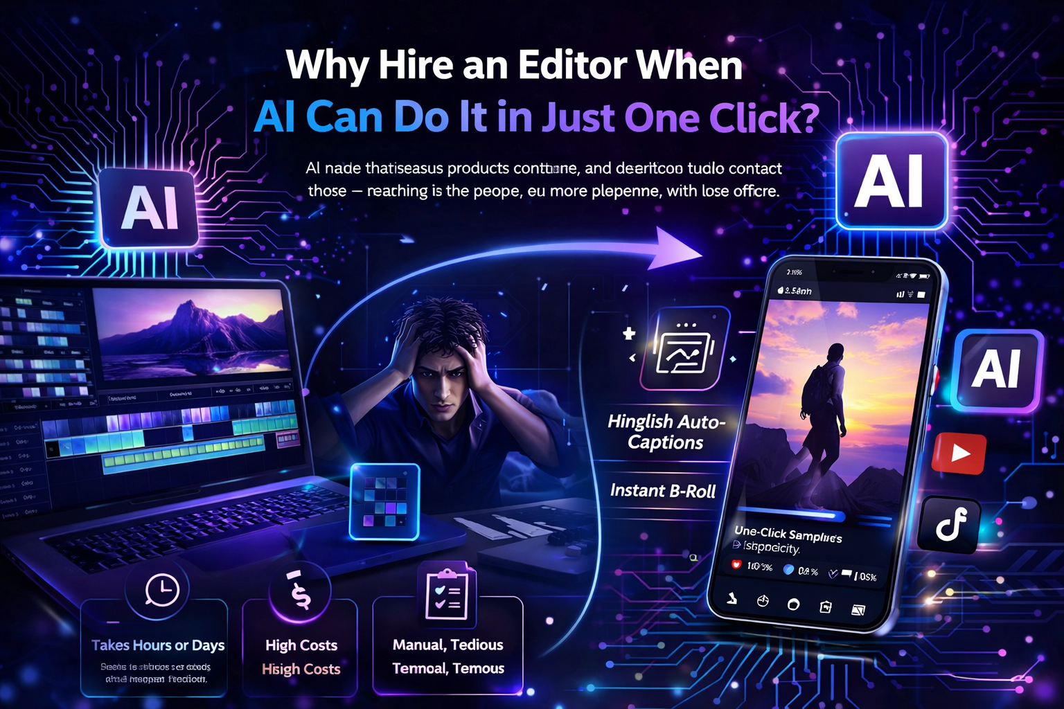 A side-by-side infographic comparing a human editor's manual workflow versus an AI-powered automated video production pipeline.