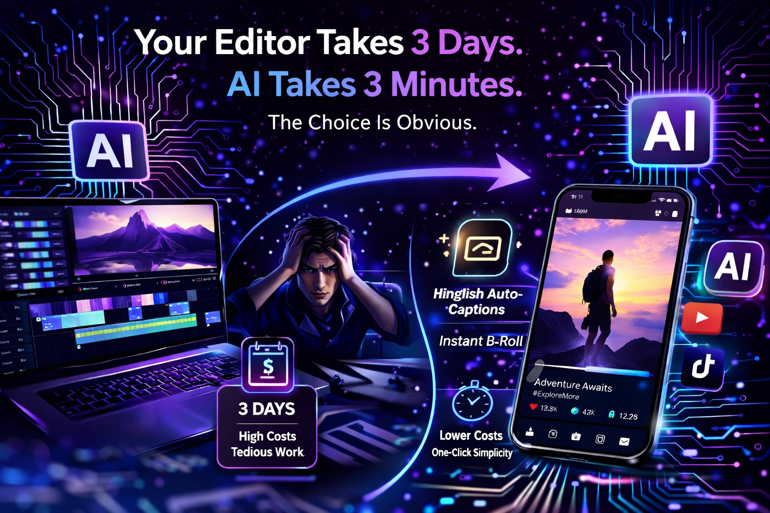 An infographic comparison chart showing the 3-day manual editing cycle versus the 3-minute AI automated workflow for video production.